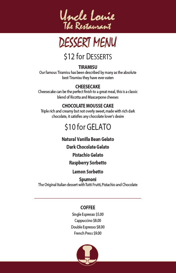 Uncle Louie Desserts Menu