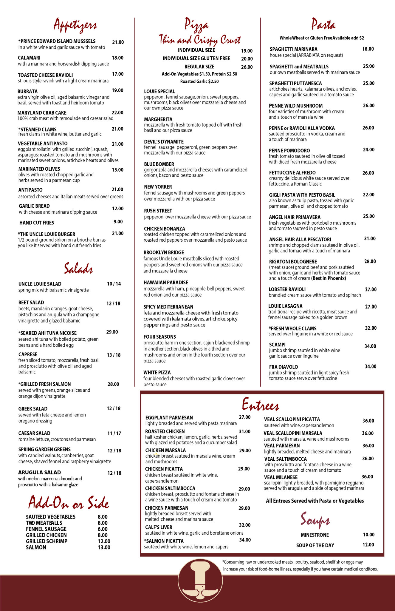 Uncle Louie Dinner Menu