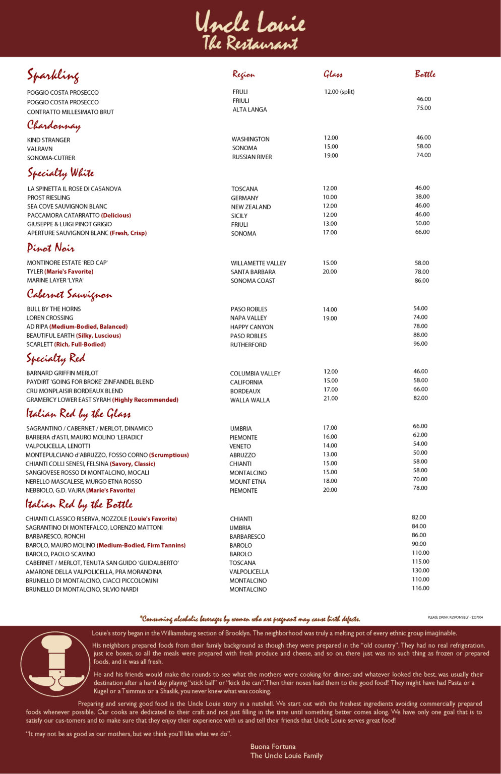 Uncle Louie Wine List