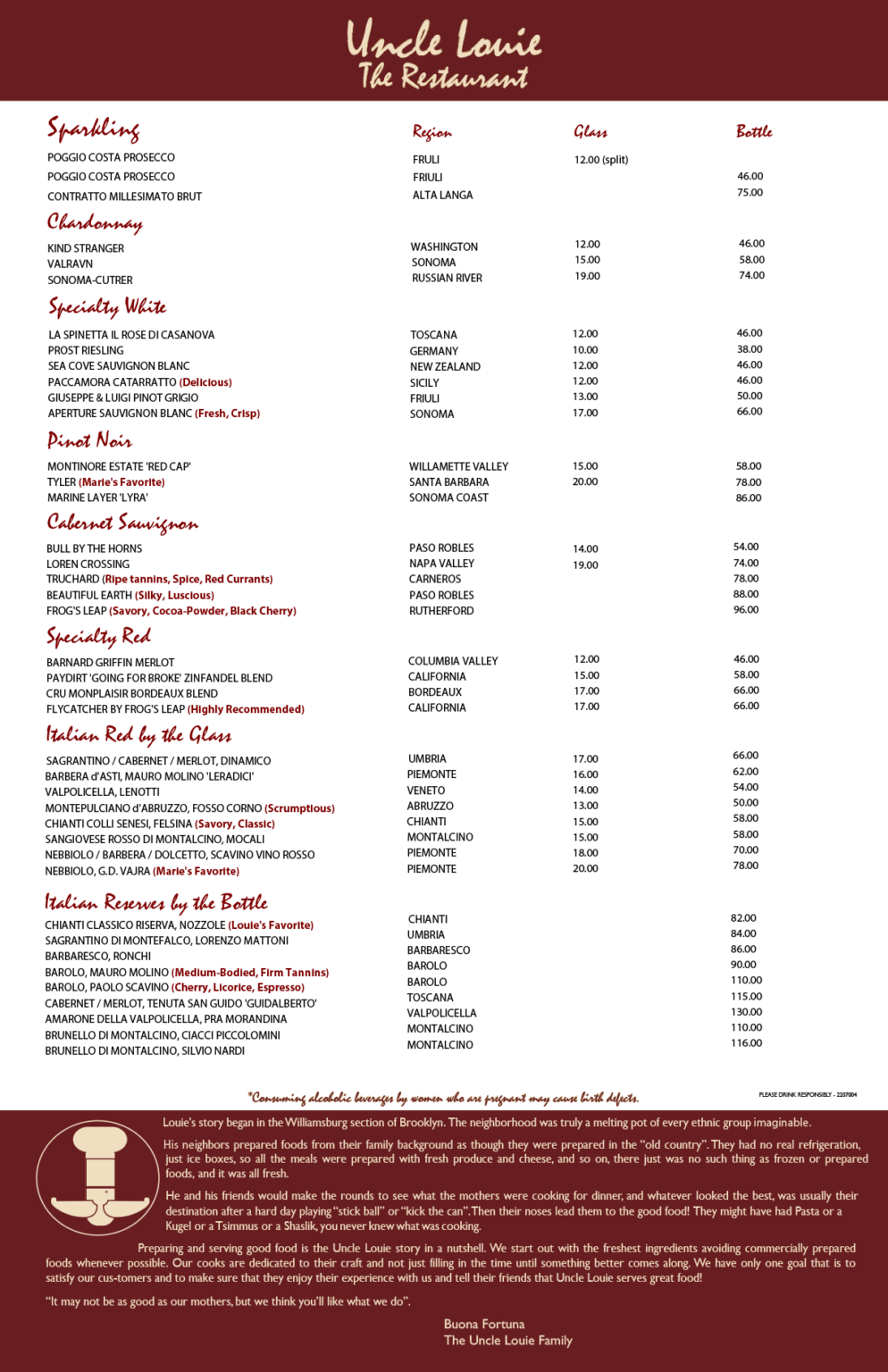 Uncle Louie Wine List 2026